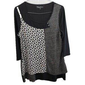 Creation Tunic Top Womens Small Black Mesh Overlay 3/4 Sleeve Wearable Art